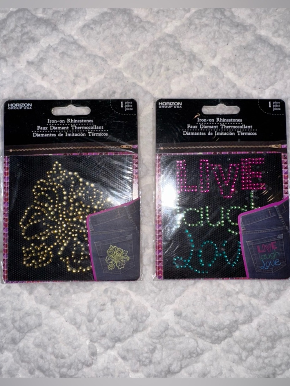 Y2K Deadstock Horizon Group USA Gold Iron-On Rhinestone Floral Applique - 2 Pack